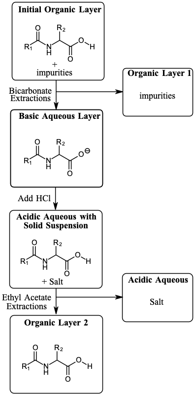 Scheme 1. Extraction and back-extraction of the product through deprotonation and reprotonation of the carboxylic acid.